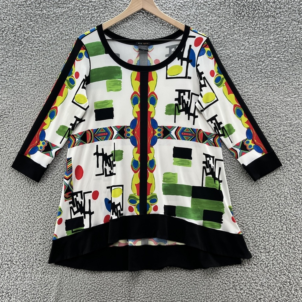 Eva Varro Top Womens Large Colorful Abstract Art Tunic Relaxed Stretch Made USA